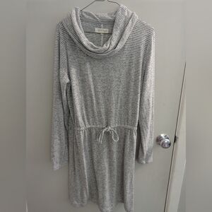 Lou & Grey For Loft Medium Grey and White Striped Cowl Neck Sweater Dress Cozy